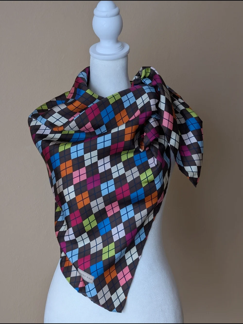 100% Silk Scarf Argyle Style Diamond Geometric 36x36